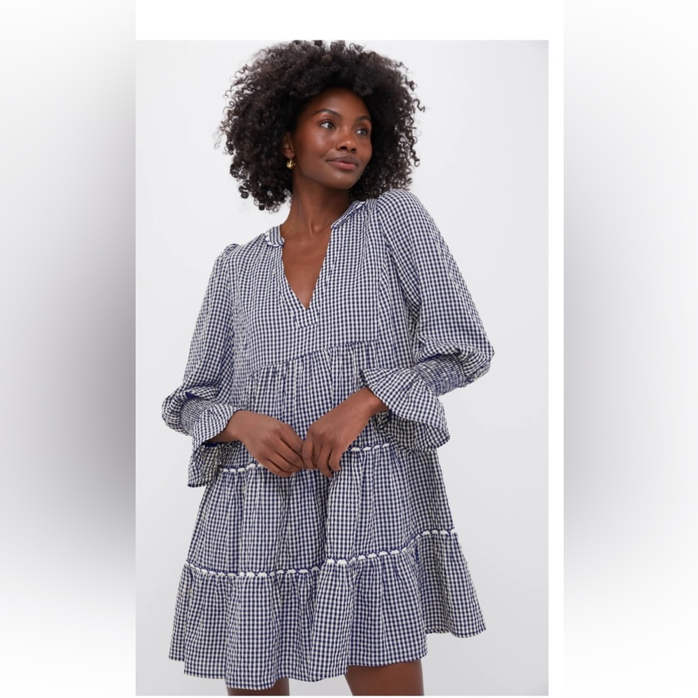 Tuckernuck Navy and White Gingham Long-Sleeve Tiered Dress